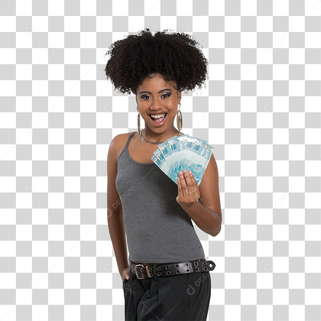Mulher Morena Segurando Dinheiro PNG Transparente