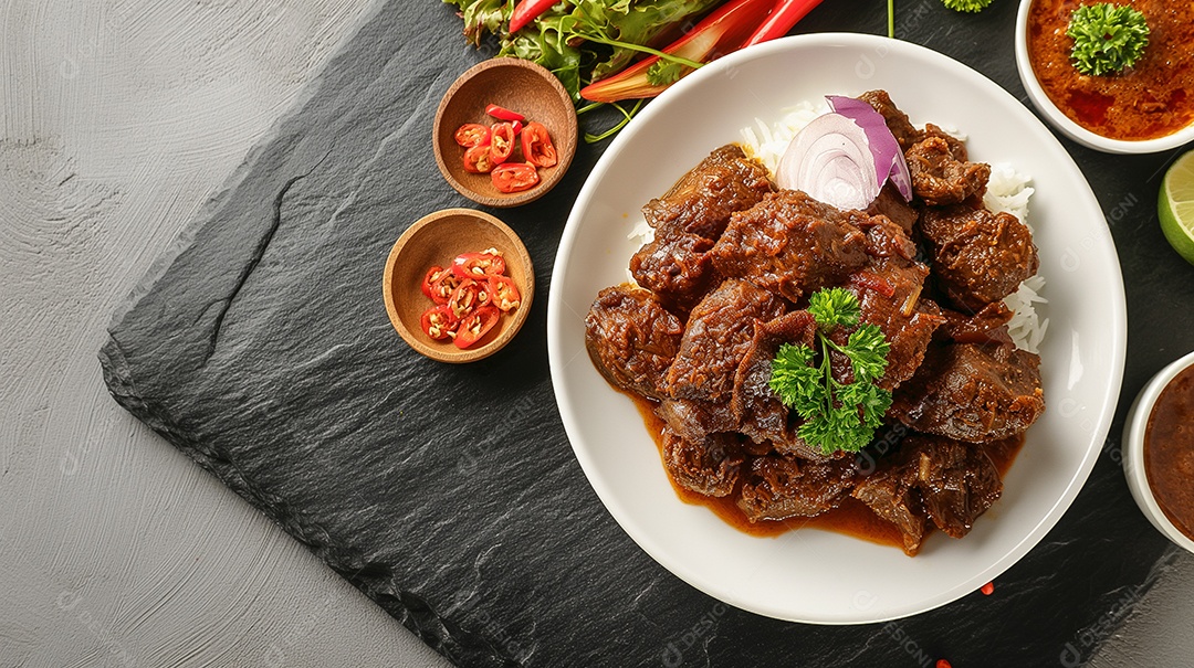 Carne Rendang em louça branca sobre fundo cinza