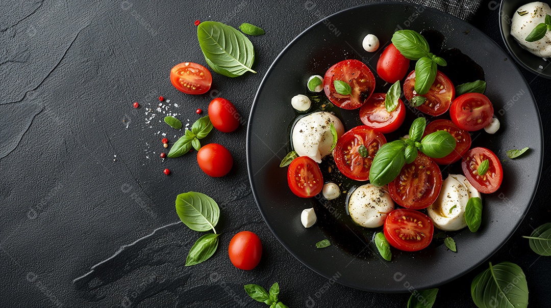 Salada Caprese em fundo cinza escuro