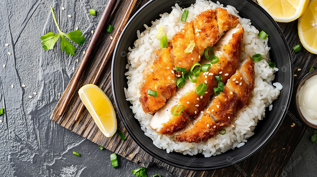 Frango Katsu com arroz e uma limão ao lado