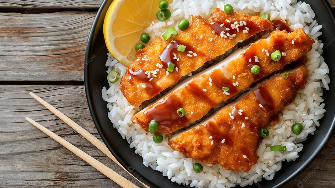 Frango Katsu com arroz e uma limão ao lado