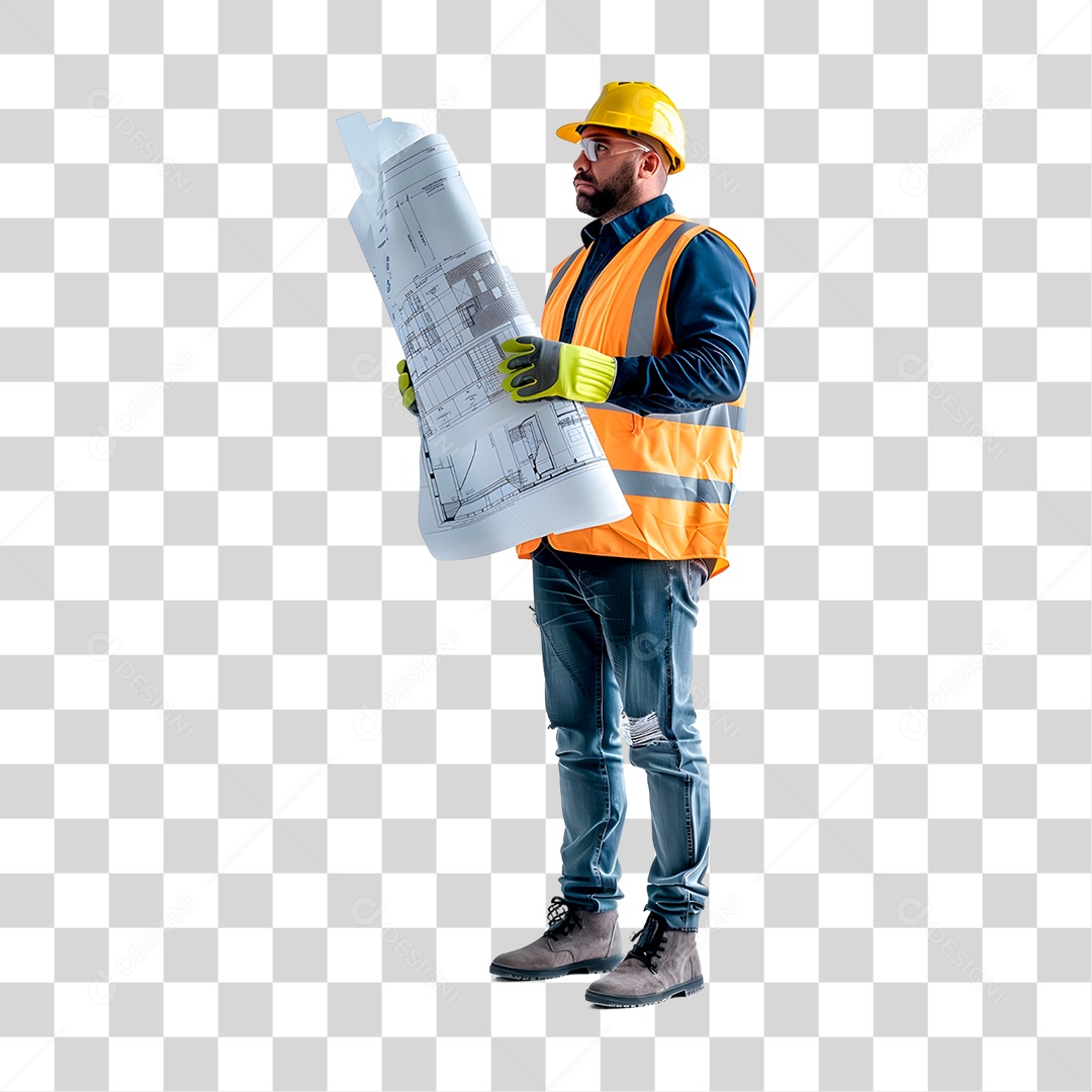 Homem Operário Com Projeto Na Mão Colete Laranjado Fundo PNG Transparente