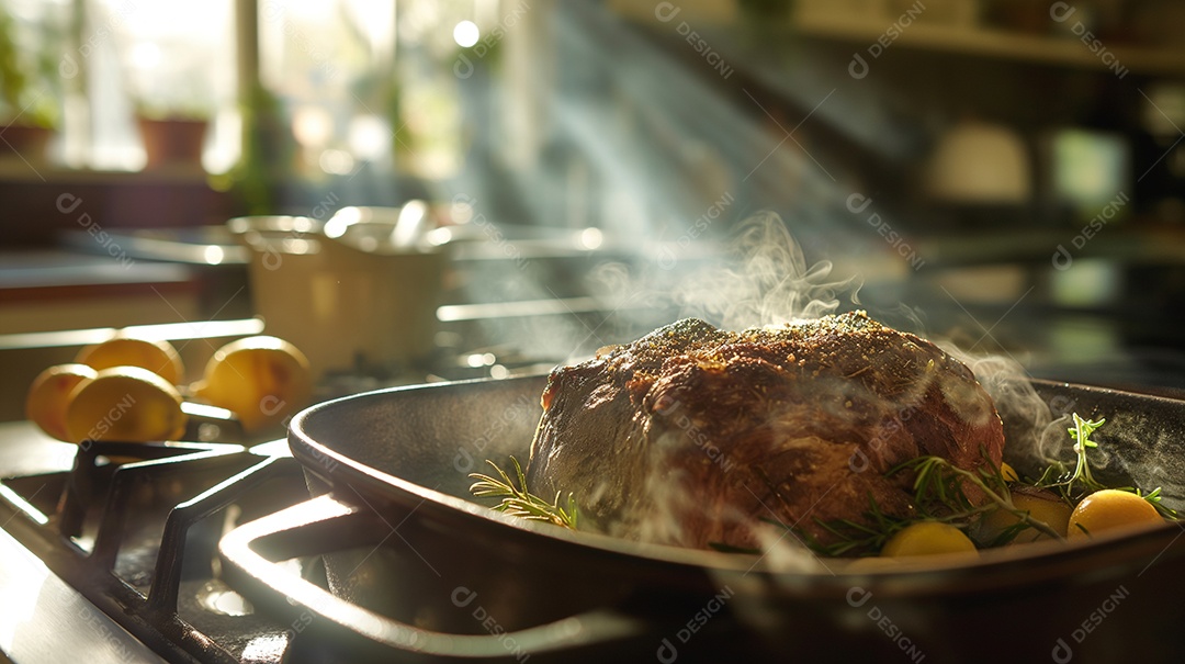 Carne assada com legumes e frutas ao lado