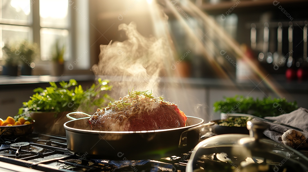 Carne assada com legumes e frutas ao lado