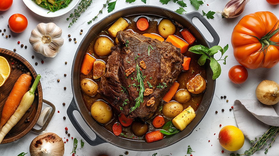 Carne assada com legumes e frutas ao lado