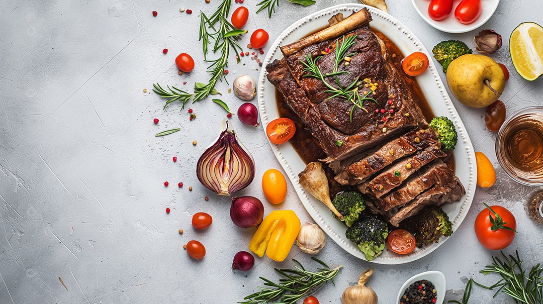Carne assada com muitos legumes e frutas ao lado