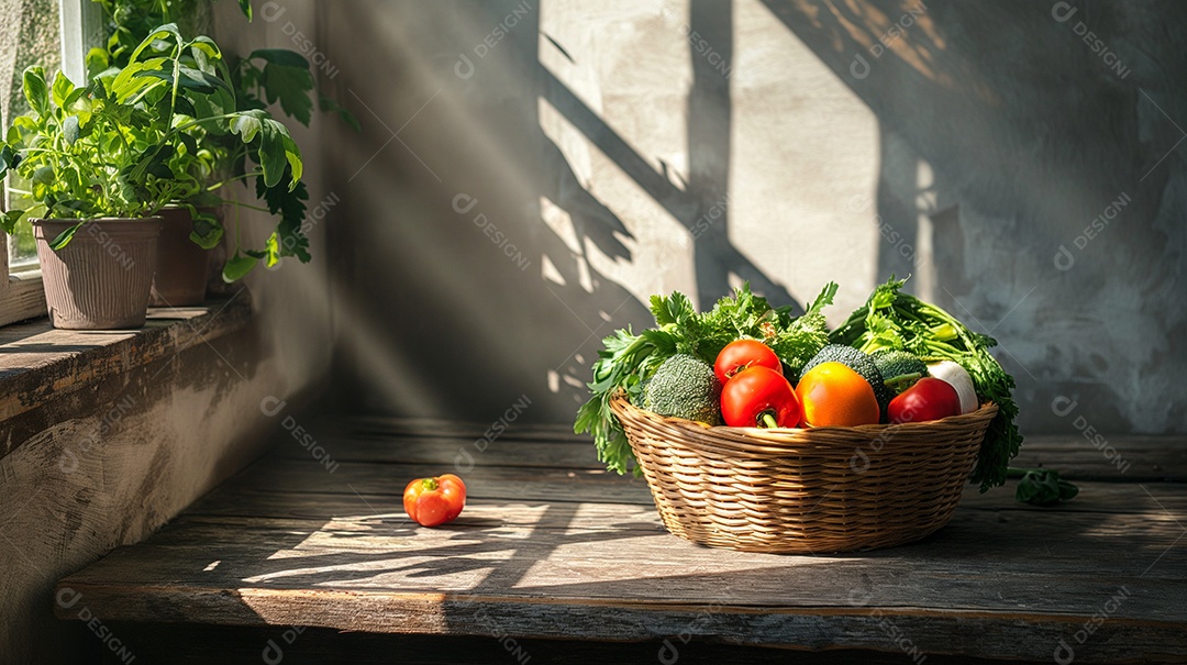 Foto perfeita de legumes frescos em cesta vintage perto da janela com raios solares