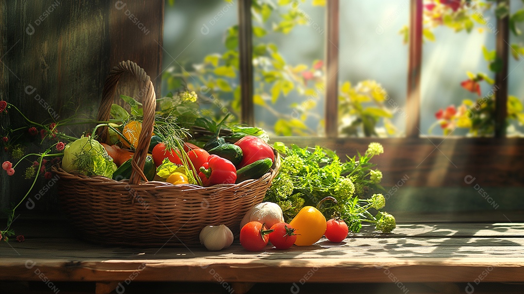 Foto perfeita de legumes frescos em cesta vintage perto da janela com raios solares