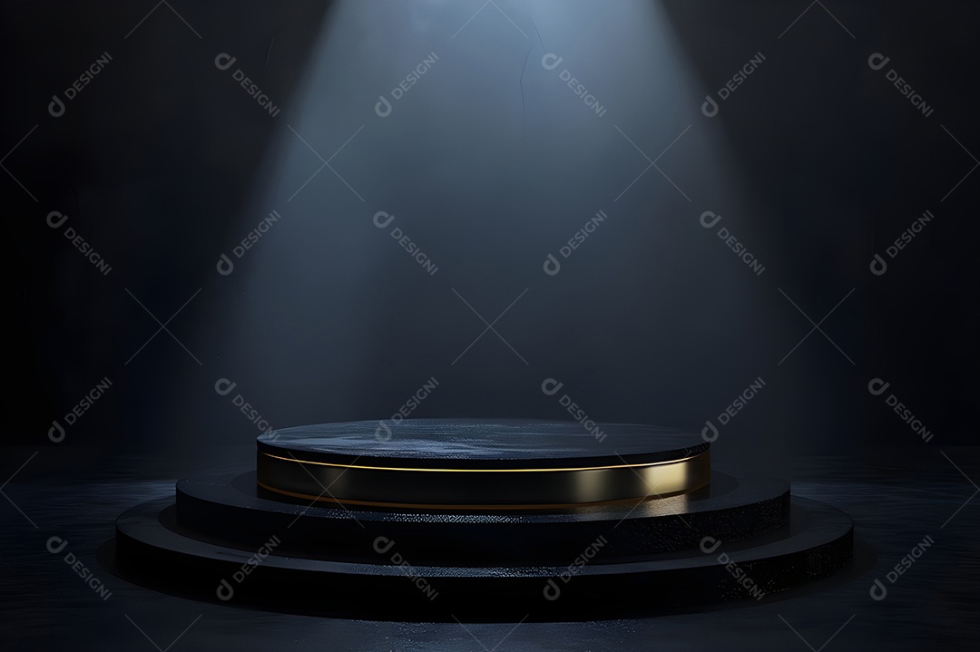 Pódio vazio redondo para exposição de produtos sob raios de luz com fundo preto
