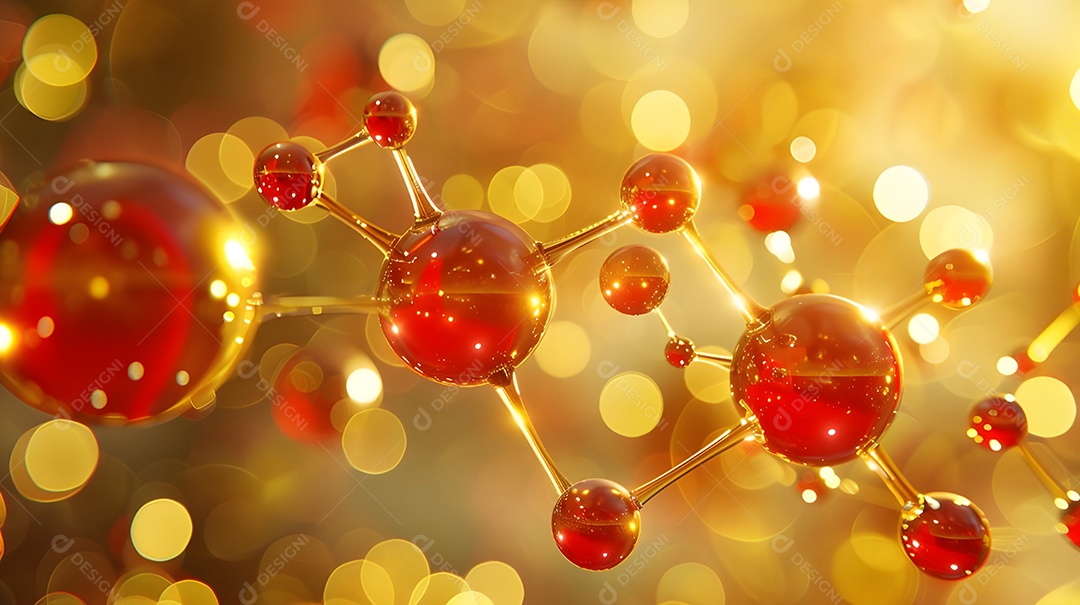 Padrão molecular vermelho abstrato com efeito Bokeh amarelo