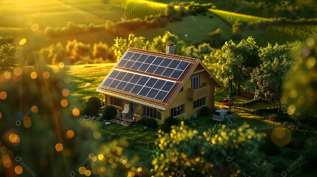 Casa moderna em campo verde com sistema solar instalado no telhado