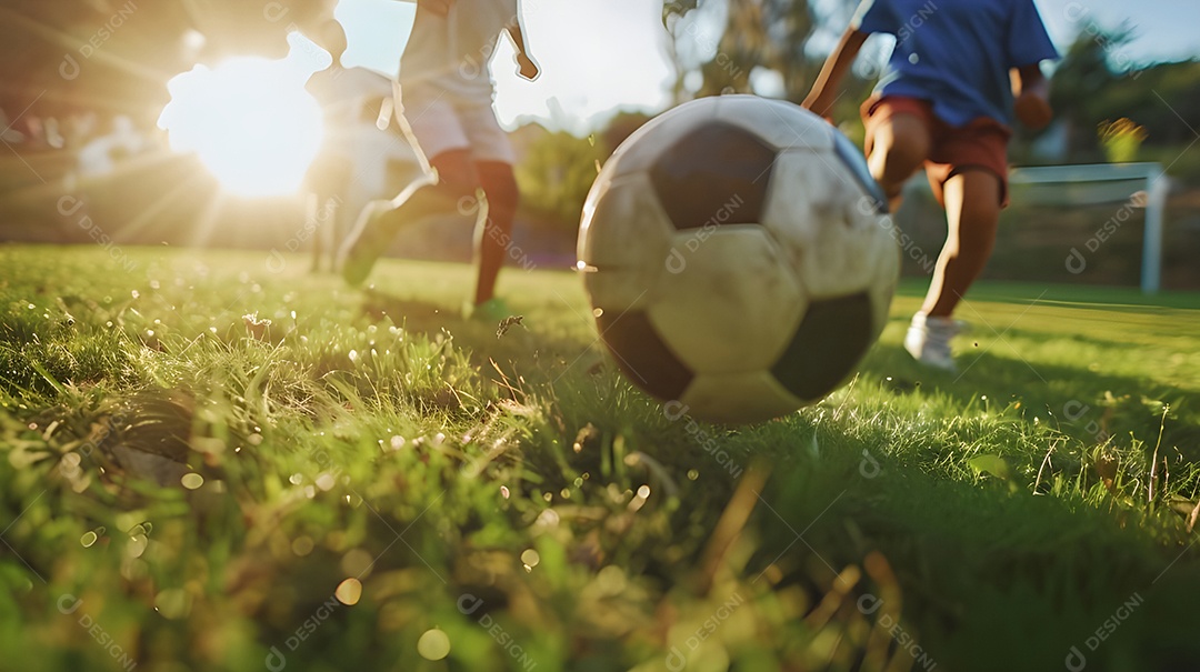 Time de futebol do ensino médio em campo chutando a bola