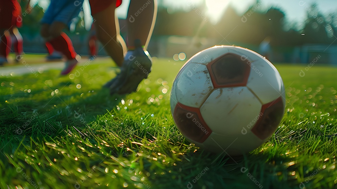 Time de futebol do ensino médio em campo chutando a bola