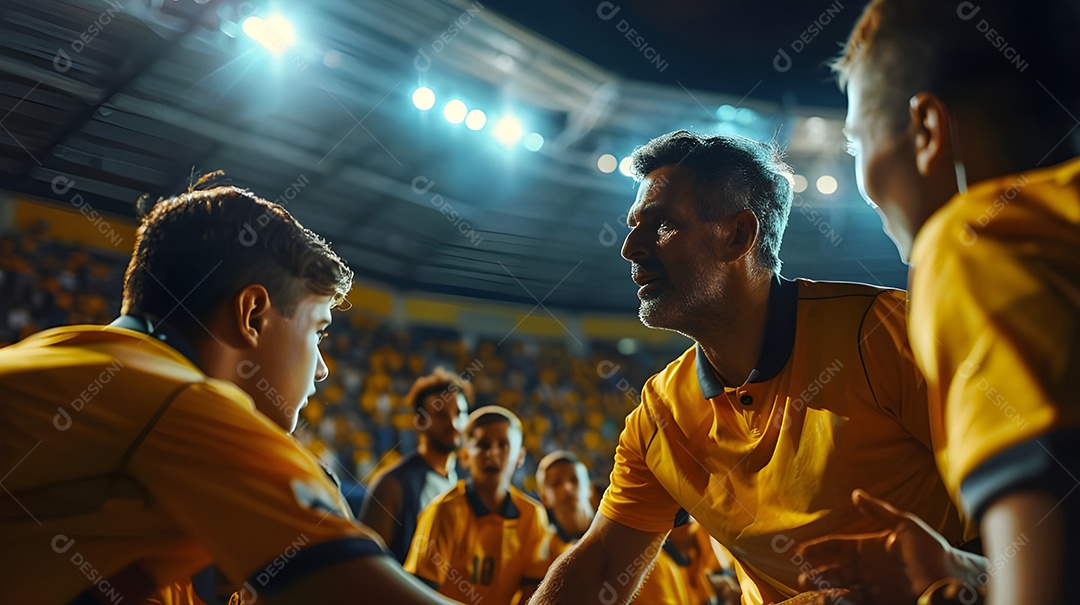 Treinador orientando equipe esportiva em esportes indoor juvenis