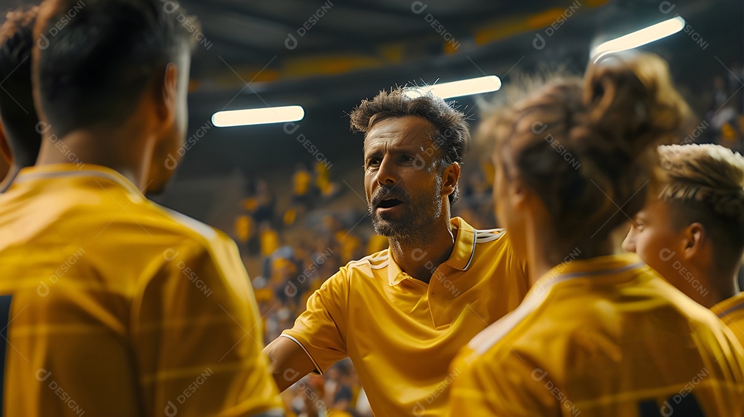 Treinador orientando equipe esportiva escolar em esportes indoor juvenis