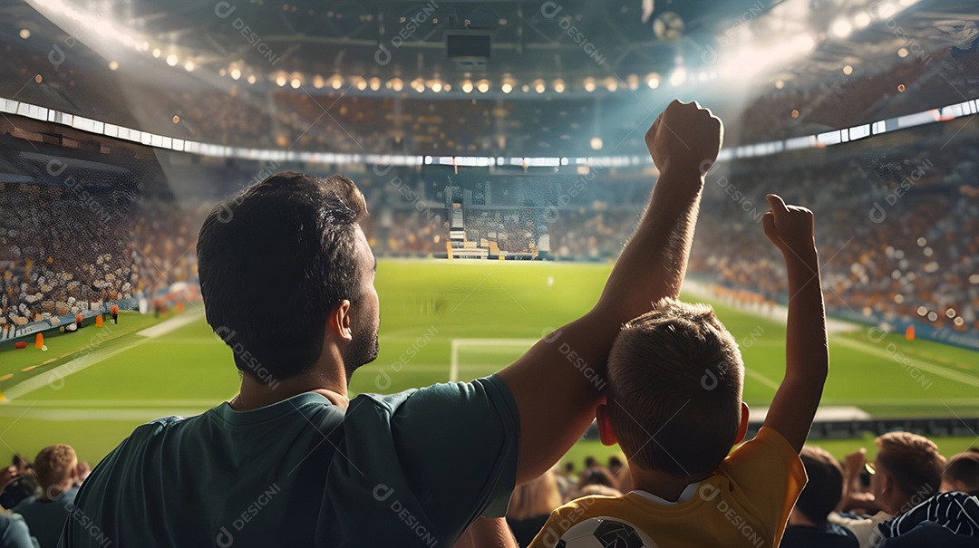 Pai e seu lindo filho torcendo e assistindo ao jogo ao vivo