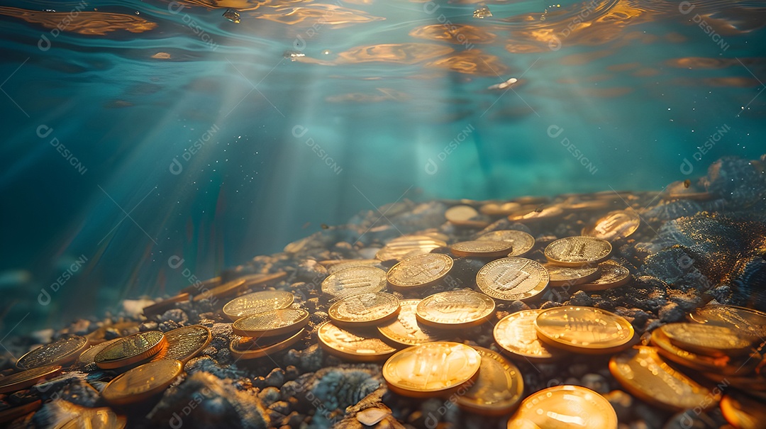 Tesouro subaquático afundado de moedas de ouro
