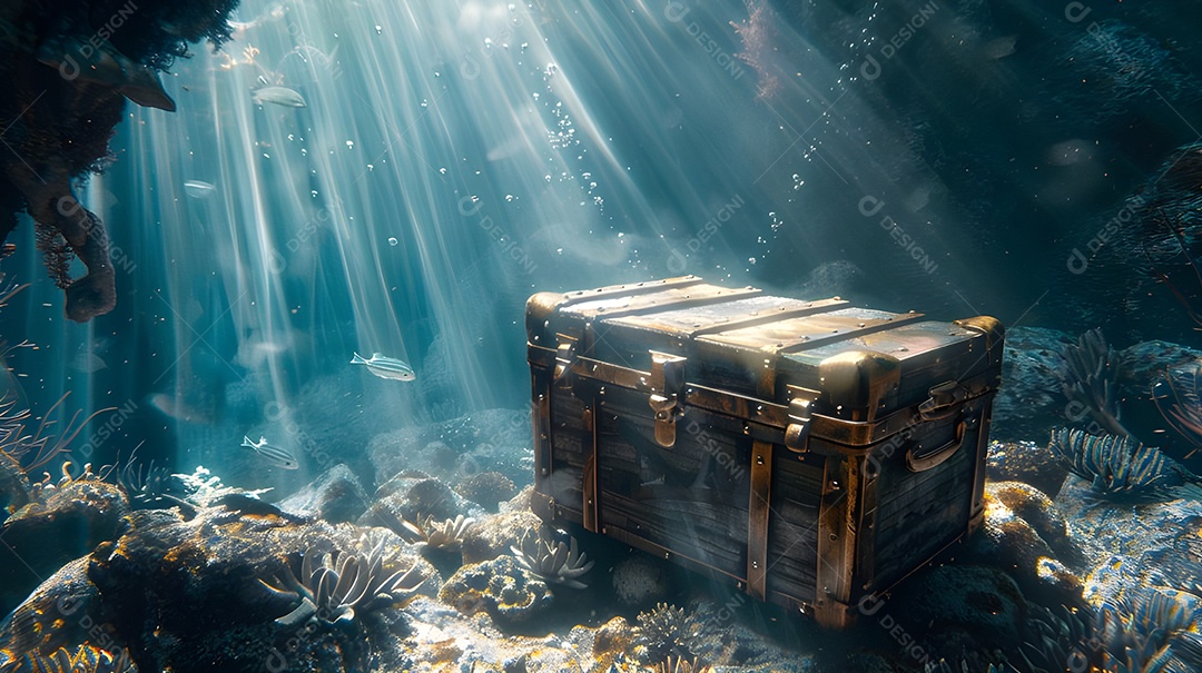 Baú de tesouro submerso cheio de moedas debaixo dágua no fundo do oceano