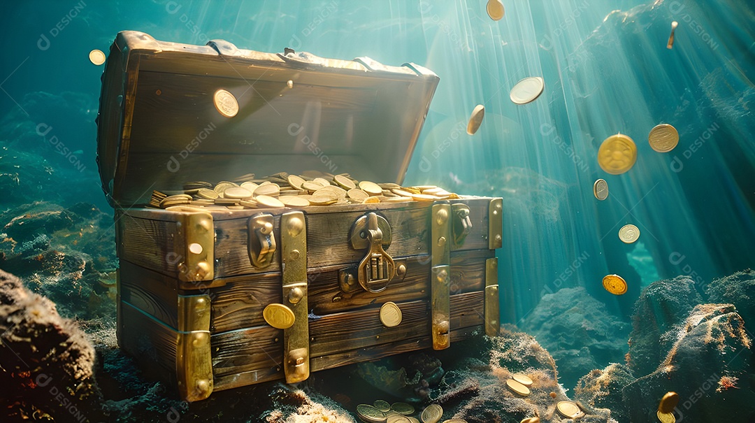 Baú de tesouro submerso cheio de moedas debaixo dágua no fundo do oceano