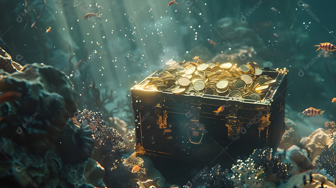 Baú de tesouro submerso cheio de moedas debaixo dágua no fundo do oceano