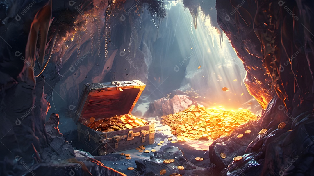 Tesouro escondido brilhante sob os raios de sol na caverna