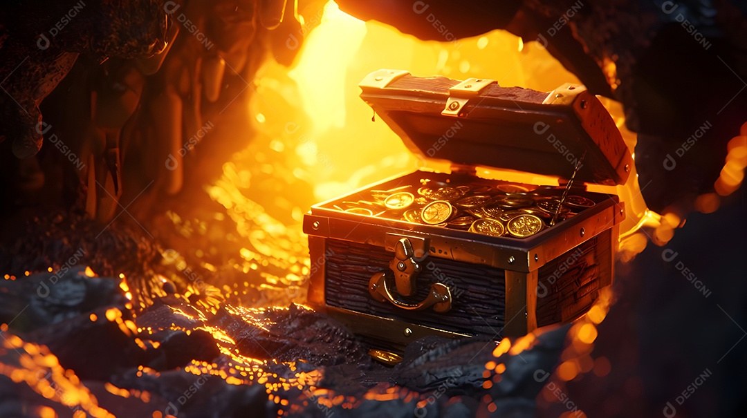 Tesouro escondido brilhante sob os raios de sol na caverna