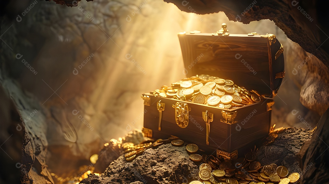 Tesouro escondido brilhante sob os raios de sol na caverna