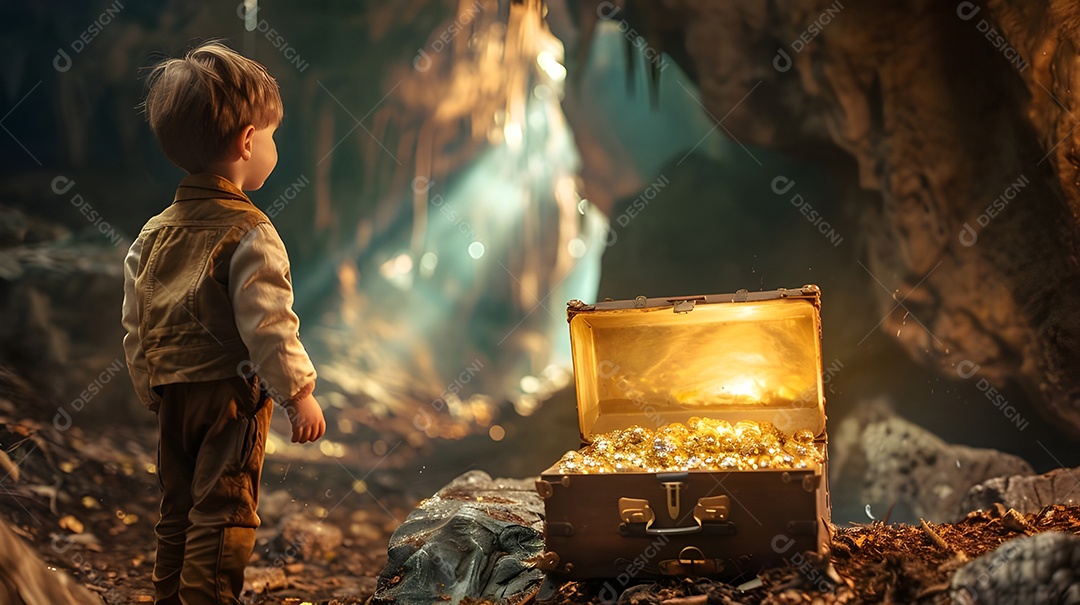 Jovem rapaz descobre baú com tesouro escondido sob a luz do sol em caverna