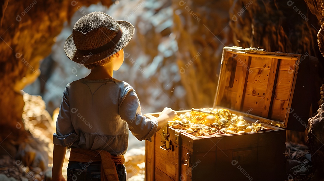 Jovem descobre baú de tesouro escondido sob a luz do sol em caverna