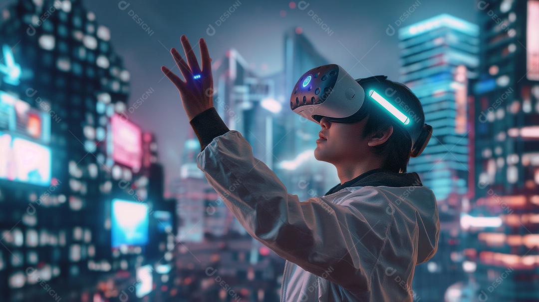 Criança usa fone de ouvido óculos realidade virtual no rosto desfrutando de uma experiência