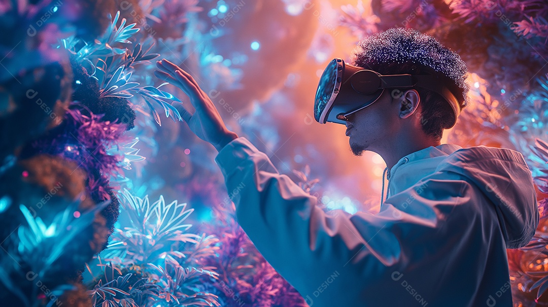 Jovem rapaz usando óculos de realidade virtual de tecnologia digital