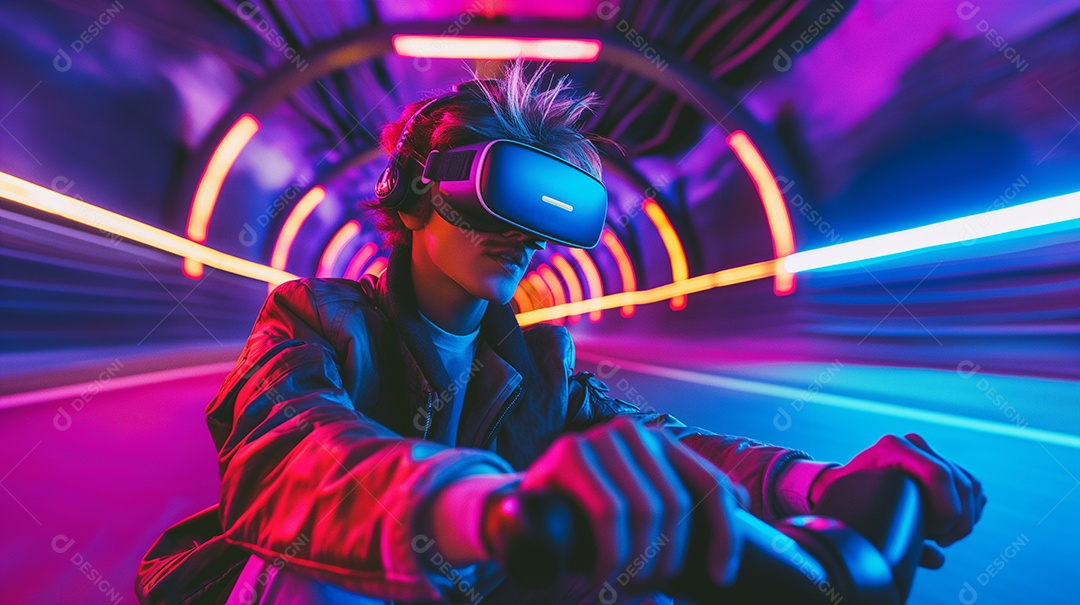 Jovem dirige bicicleta em um túnel neon brilhante após usar óculos de realidade virtual