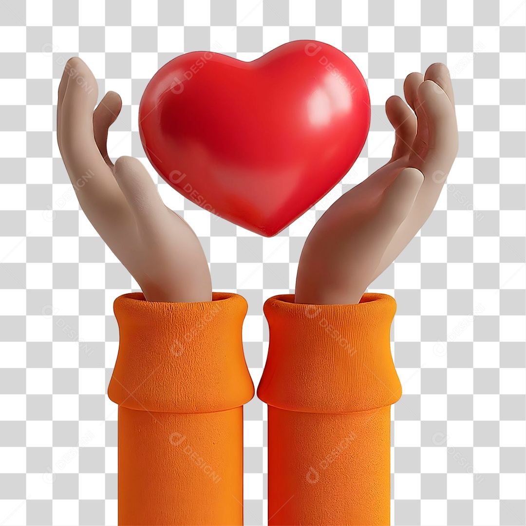 Mãos Segurando Coração Elemento 3D para Composição PNG Transparente