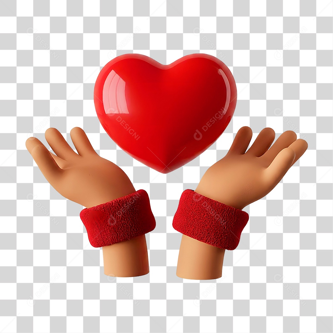 Mãos com Coração Flutuando Elemento 3D para Composição PNG Transparente