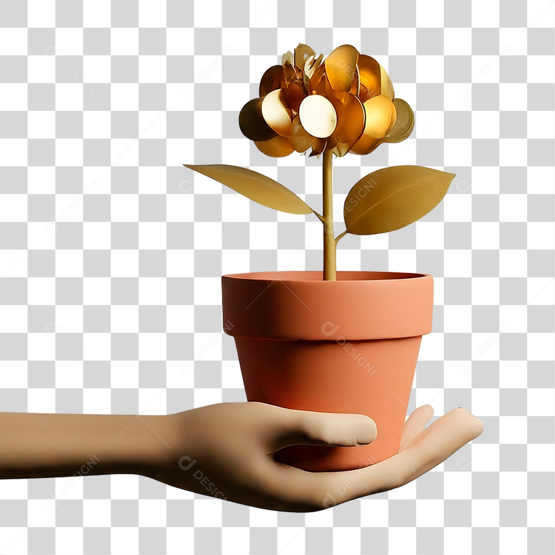 Mão Segurando Planta de Dinheiro Elemento 3D para Composição PNG Transparente