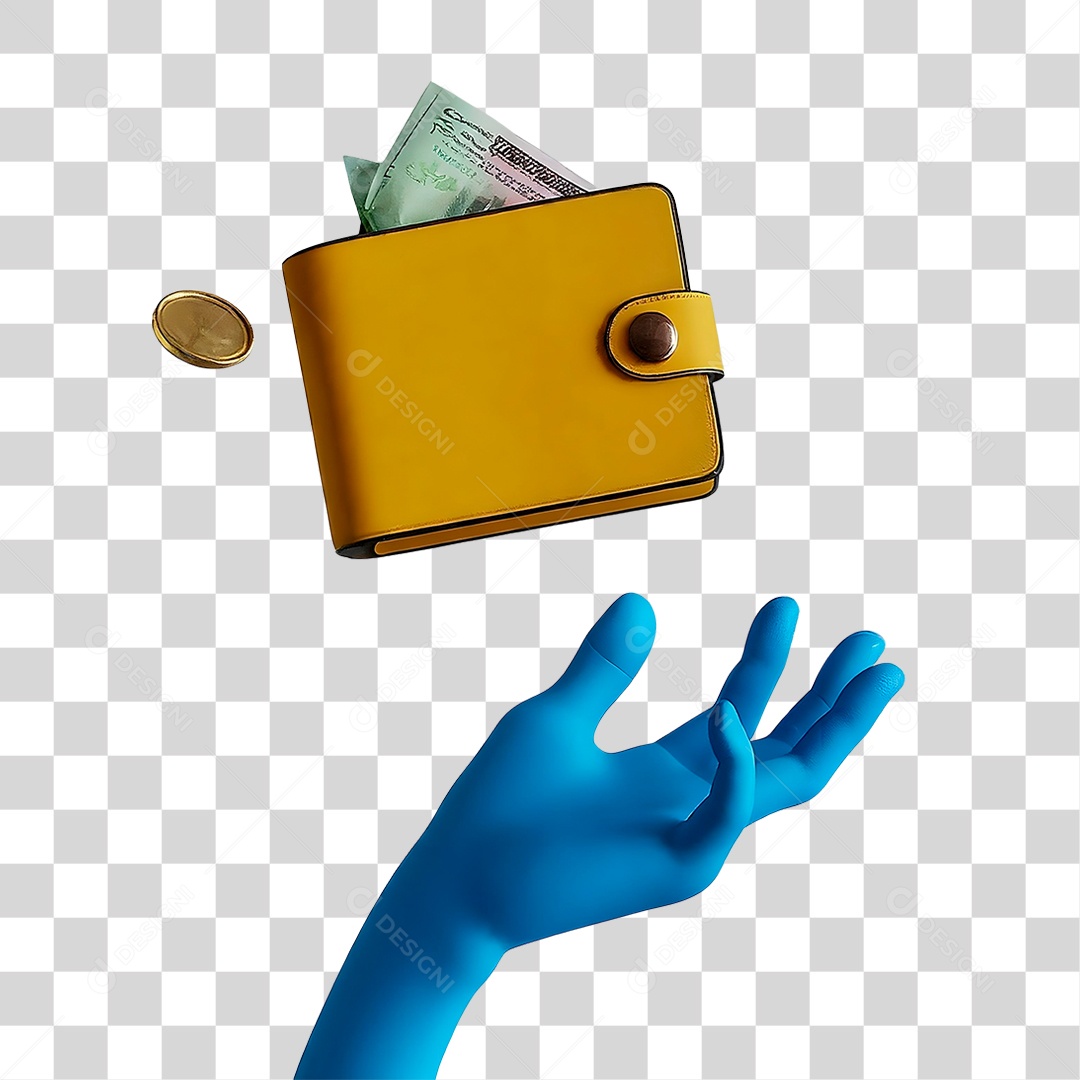 Mão com Carteira de Dinheiro Flutuando Elemento 3D para Composição PNG Transparente