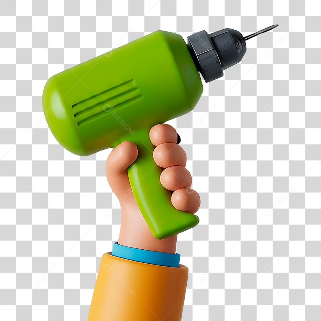 Elemento 3D Mão Segurando Furadeira Verde para Composição PNG Transparente