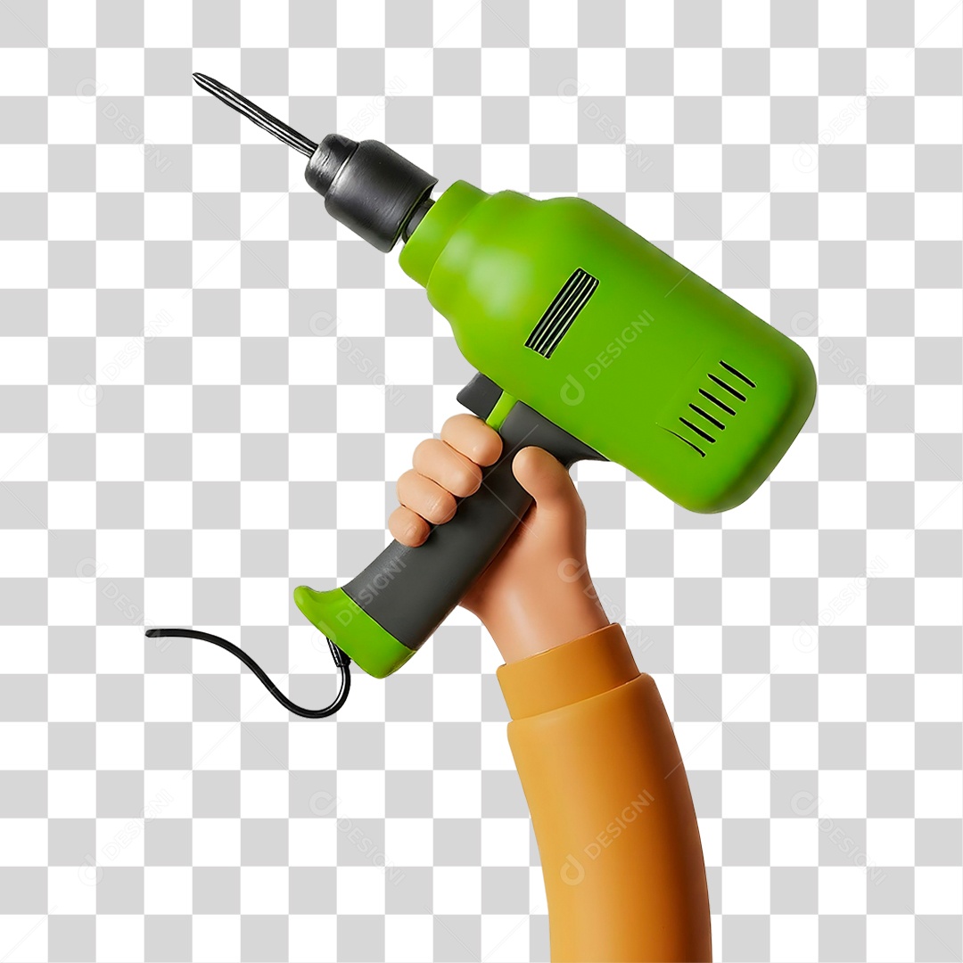 Mão Segurando Furadeira Verde Elemento 3D para Composição PNG Transparente