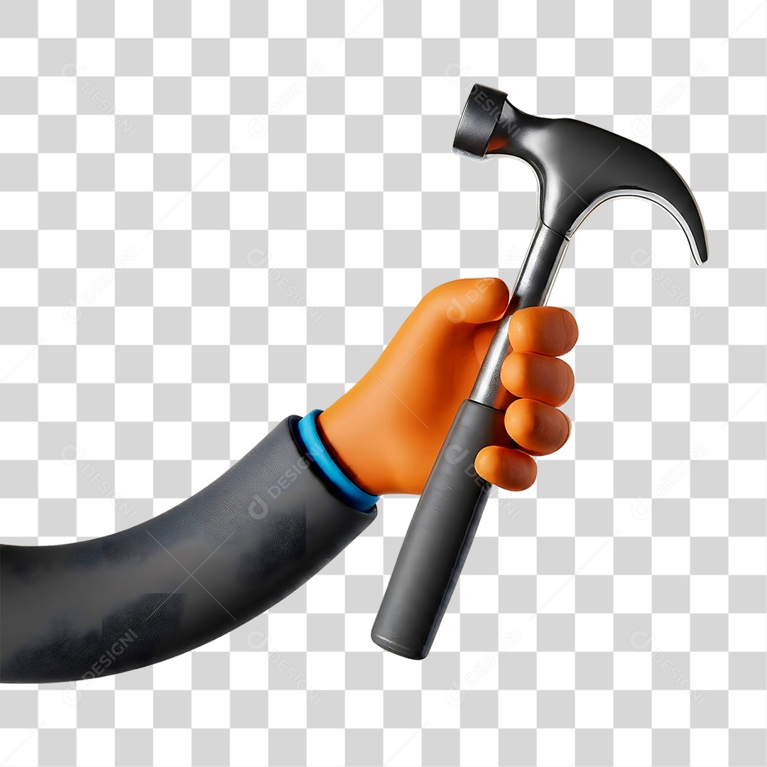 Mão Segurando Martelo Elemento 3D para Composição PNG Transparente