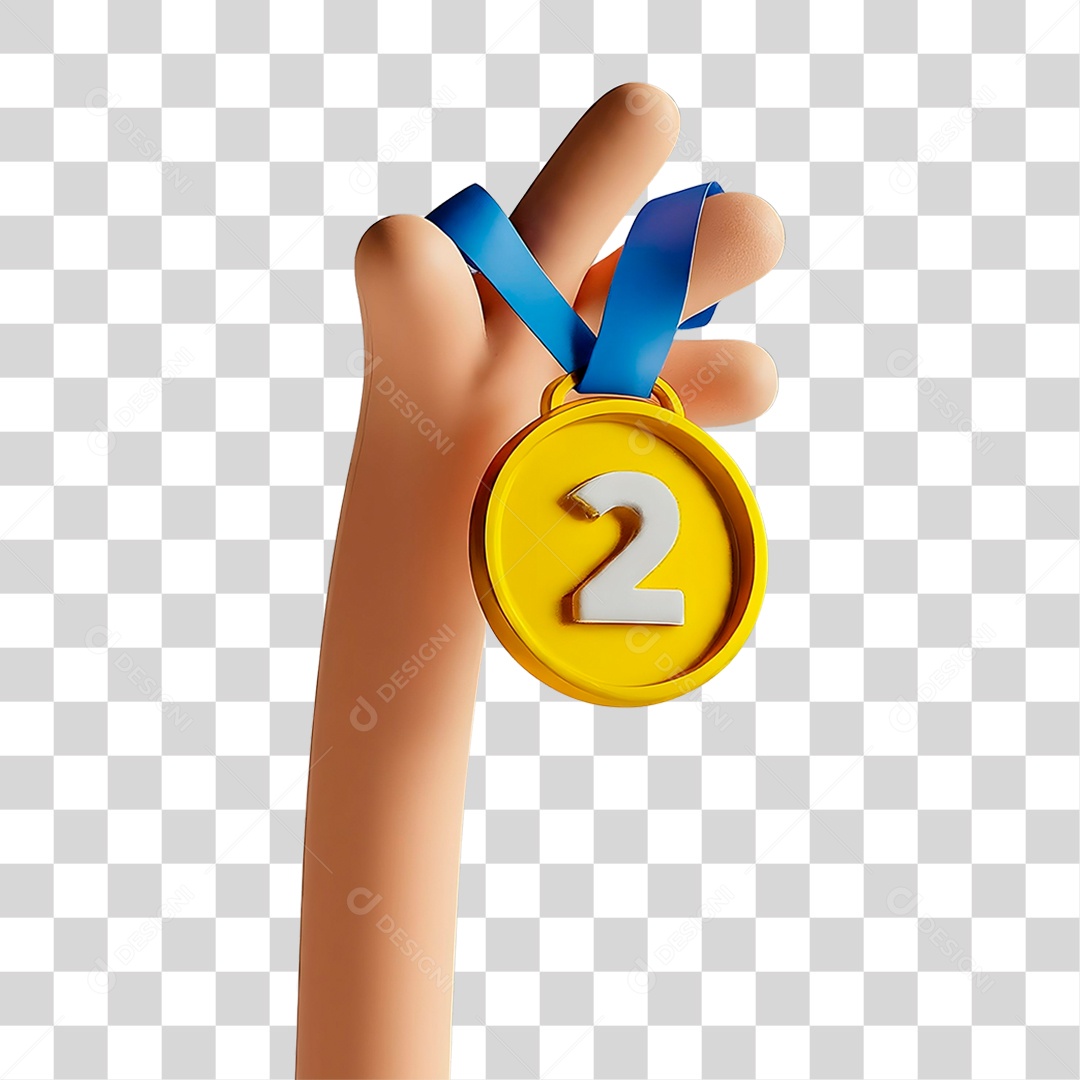 Mão Segurando Medalha Segundo Lugar Elemento 3D para Composição PNG Transparente