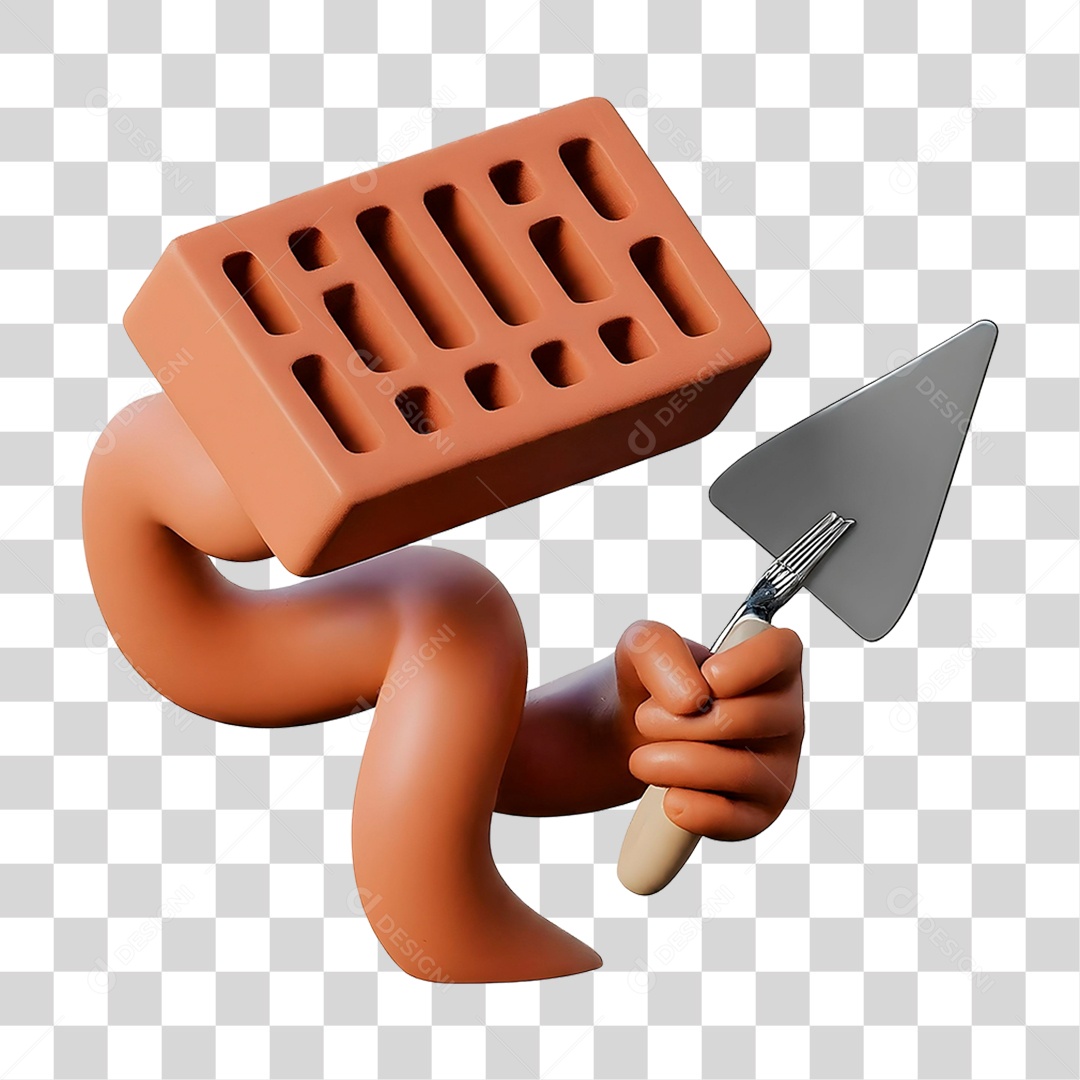 Elemento 3D Mão Segurando Colher de Pedreiro e Tijolo para Composição PNG Transparente