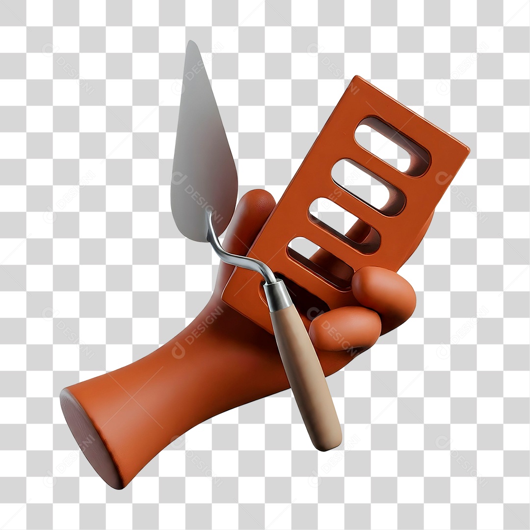 Mão Segurando Colher de Pedreiro e Tijolo Elemento 3D para Composição PNG Transparente