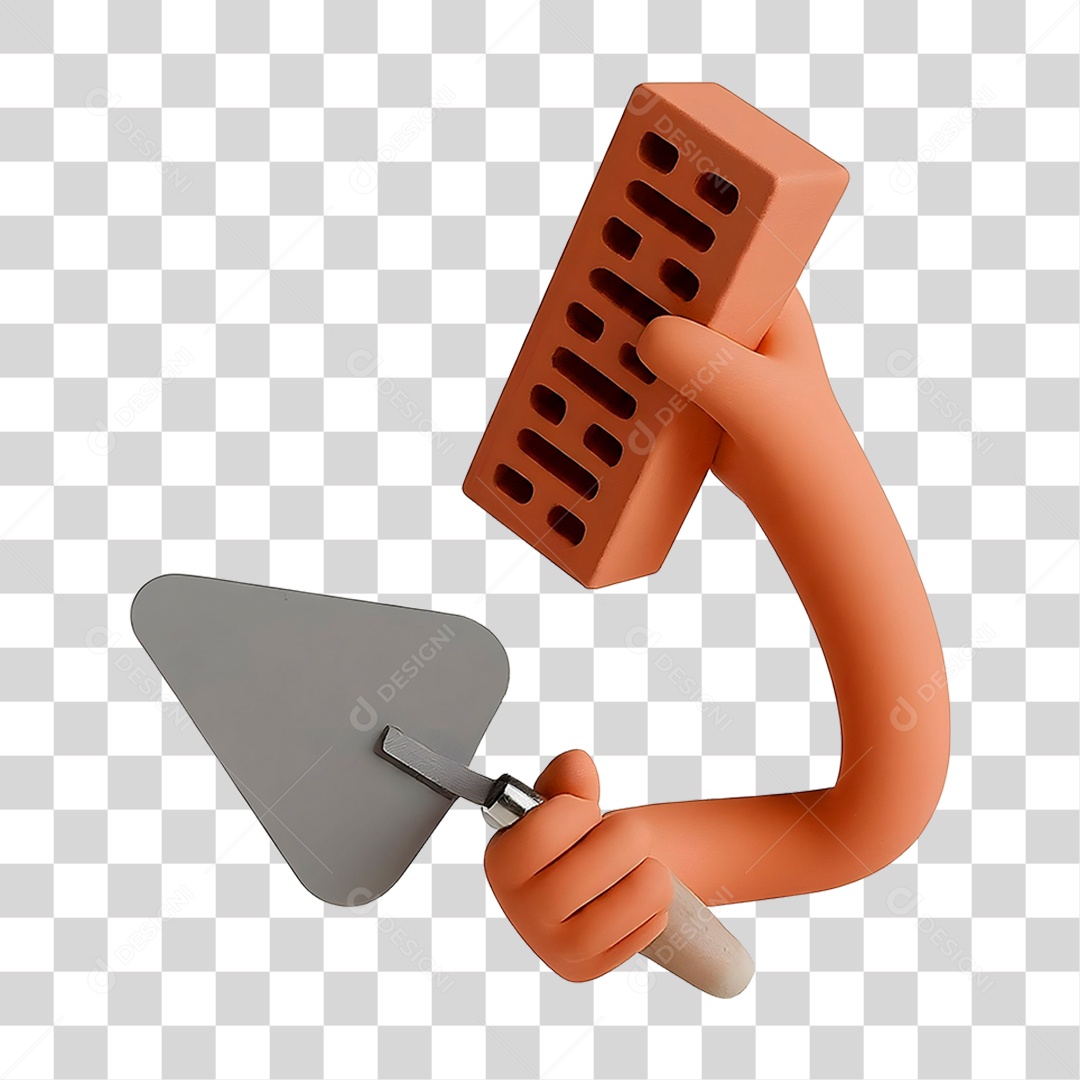 Mão Segurando Colher de Pedreiro e Tijolo Elemento 3D para Composição PNG Transparente