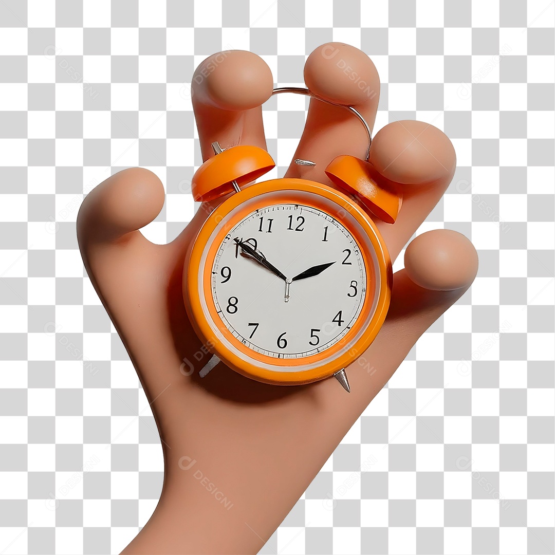 Mão Segurando Relógio Laranja Elemento 3D para Composição PNG Transparente