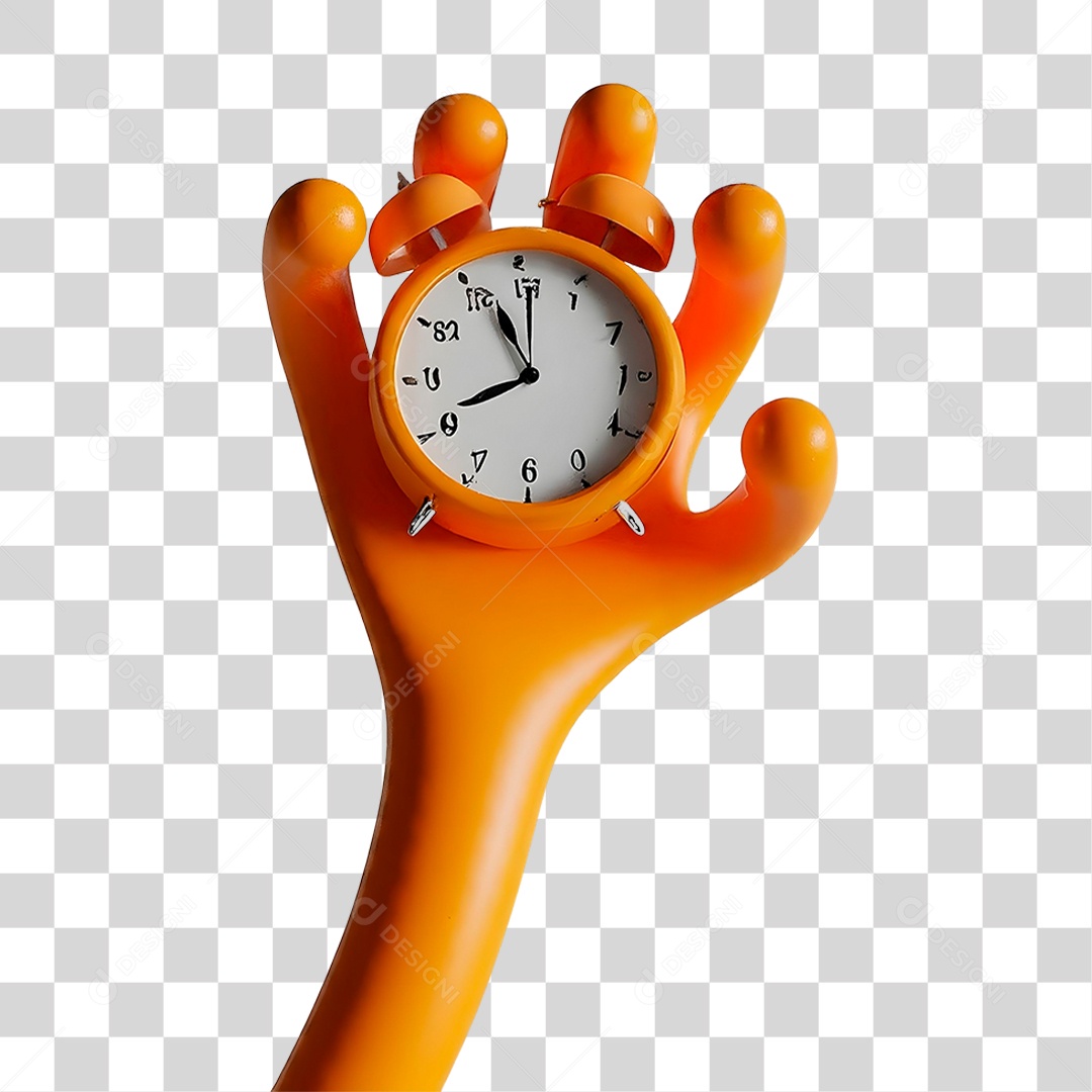 Mão Segurando Relógio Laranja Elemento 3D para Composição PNG Transparente