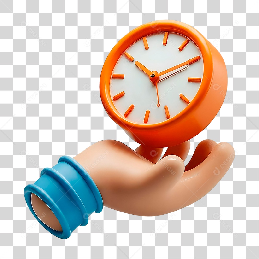 Elemento 3D Mão Segurando Relógio Laranja para Composição PNG Transparente