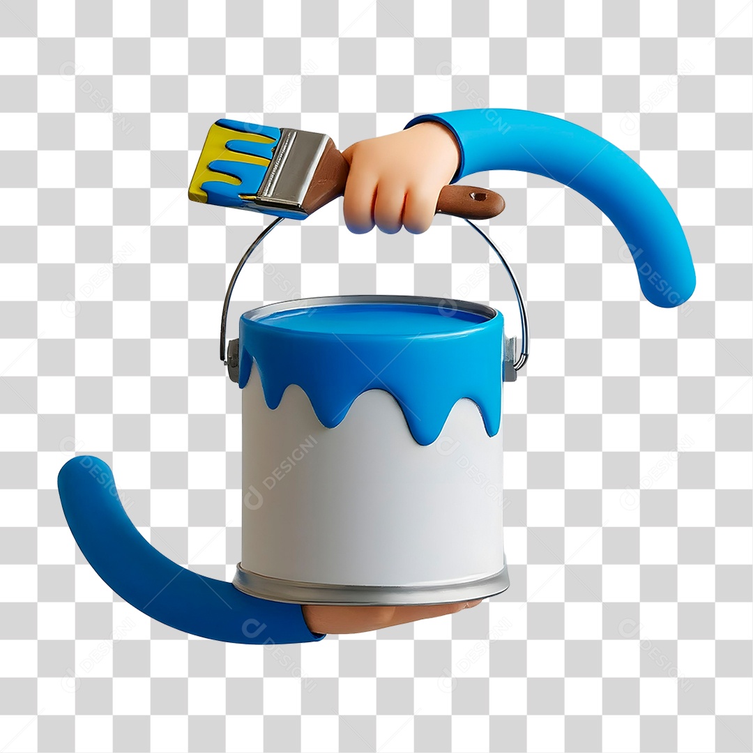 Mão Segurando Lata de Tinta e Pincel Elemento 3D para Composição PNG Transparente