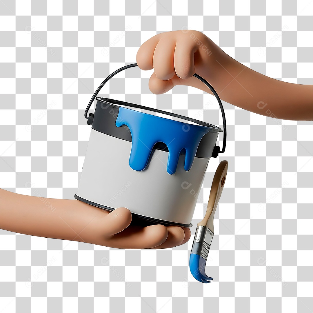 Mão Segurando Lata de Tinta e Pincel Elemento 3D para Composição PNG Transparente