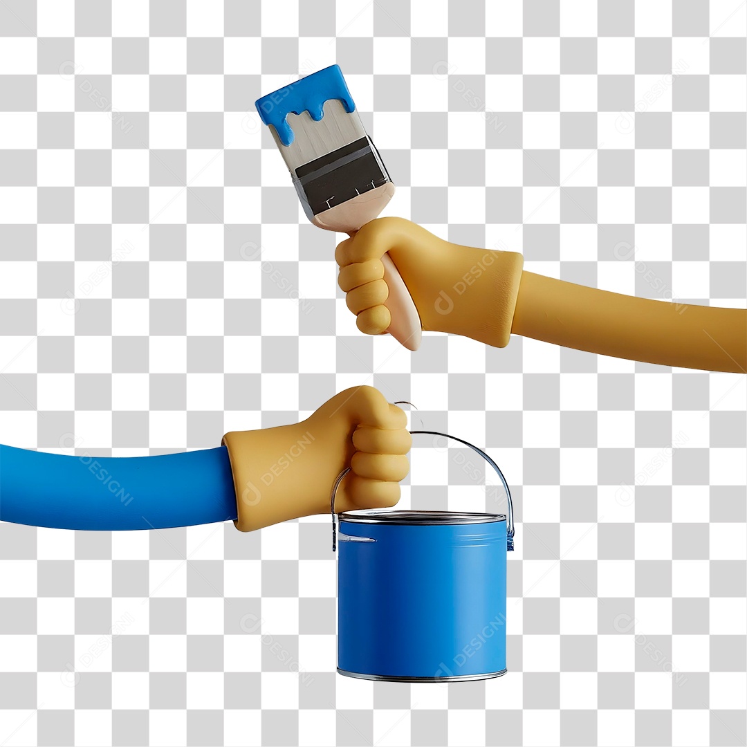 Mão Segurando Lata e Pincel Elemento 3D para Composição PNG Transparente