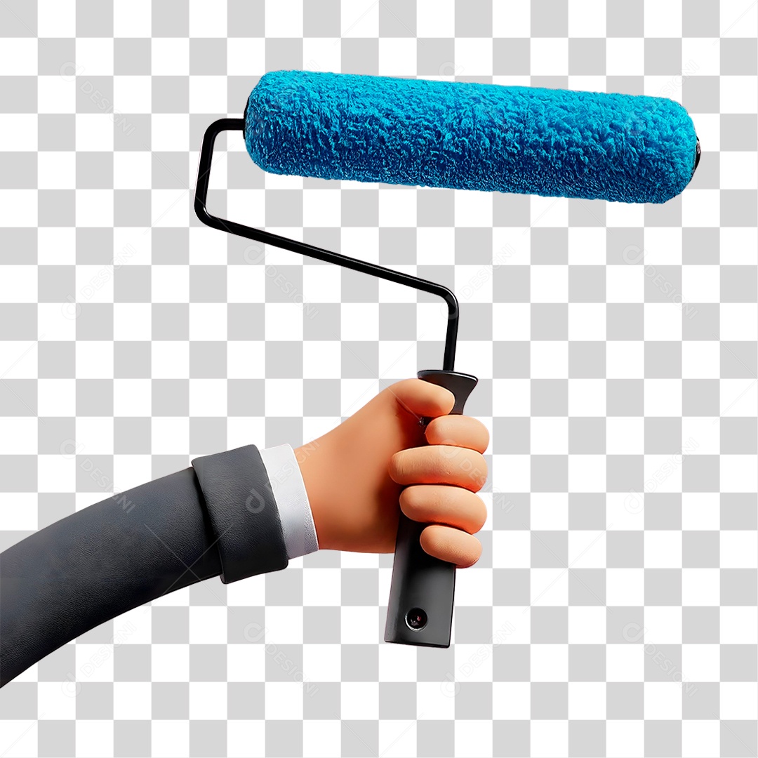 Mão Segurando Rolo de Pintura Azul Elemento 3D para Composição PNG Transparente